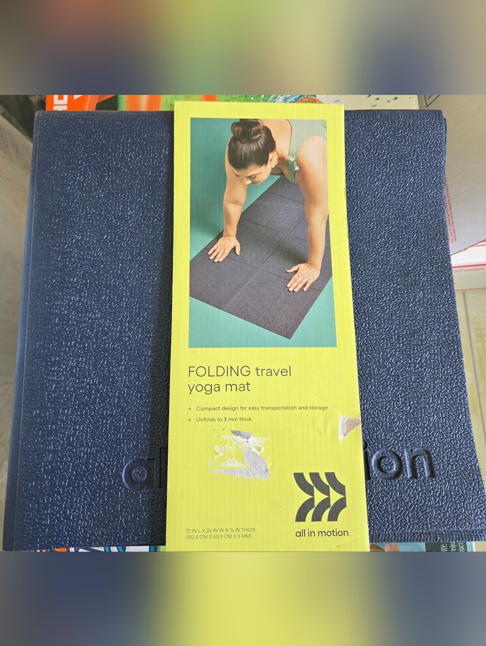 All In Motion Folding Travel Yoga Mat Navy Blue 3mm Rubber 72in x 24in